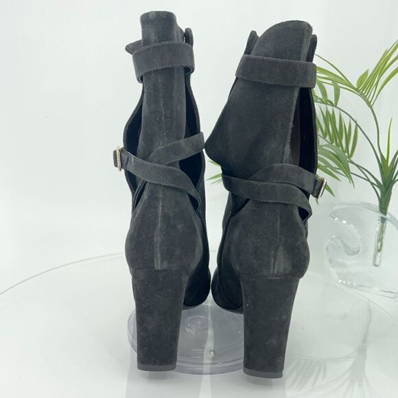 Theory Jodhpur Size 8.5 Mid Calf Black Suede Heeled Ankle Boots Booties Strap - Picture 6 of 14